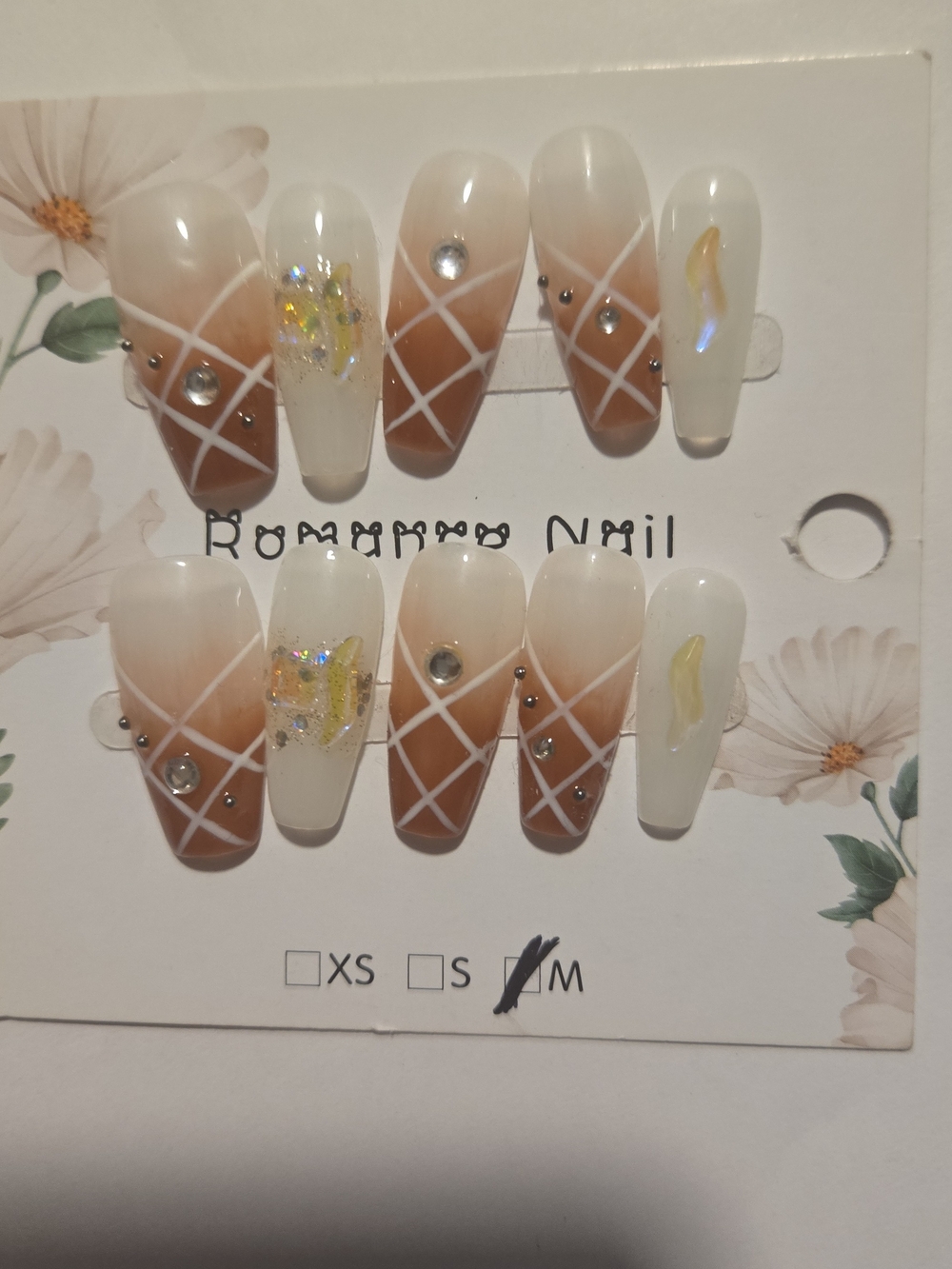 Neutral Ombre Crisscross Press-On Nails with Gems